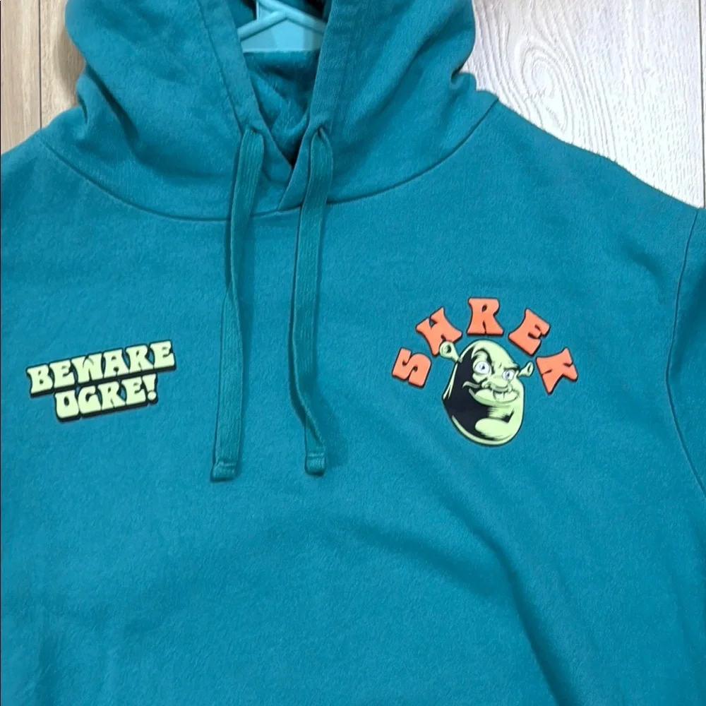 Shrek Beware Ogre Men's Sweatshirt Hoodie Double Sided Graphics Teal Size M